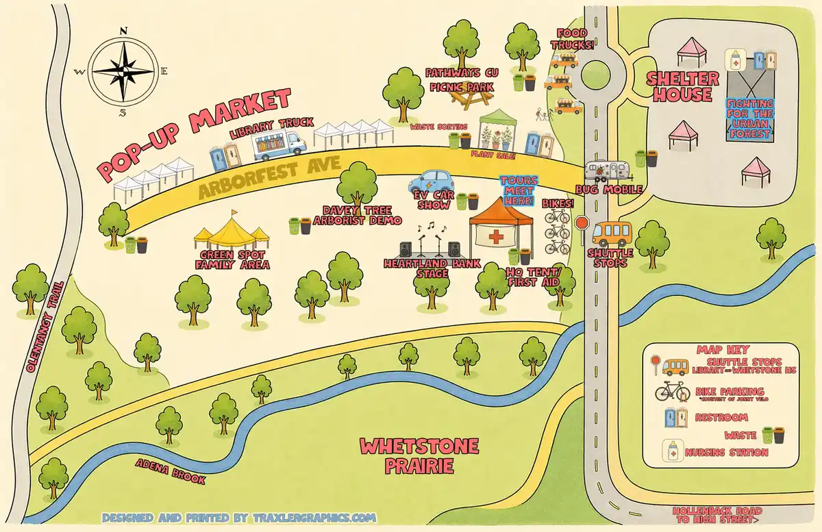 Illustrated Columbus ArborFest 2026 map of Whetstone Park of Roses